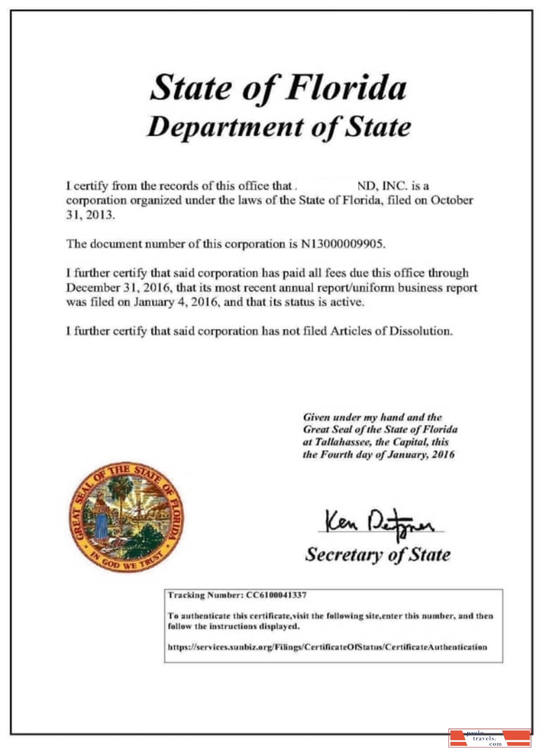 USA Florida certificate of good standing